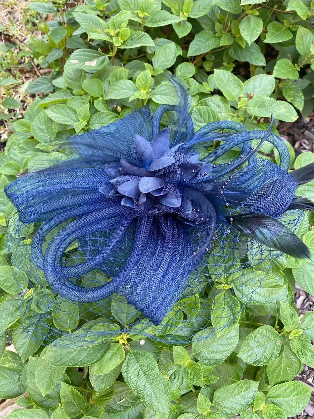 Navy Fascinator Headpiece with Feathers,Net Ribbons, Petals, Beads,Veil Clip On